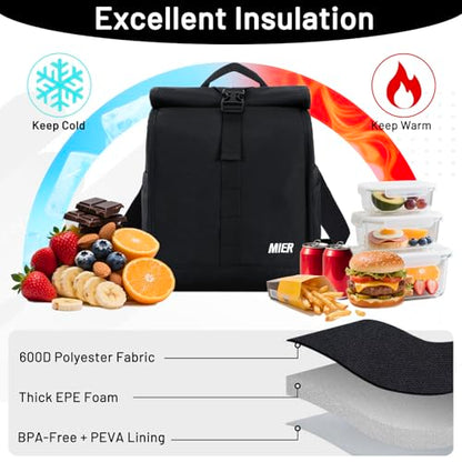 MIER Insulated Lunch Bag Roll Top Lunchbox for Women Men Adults Foldable Rolltop Lunch Tote with Shoulder Strap for Work Office Picnic, Water Bottle Holder, Black - color: Black