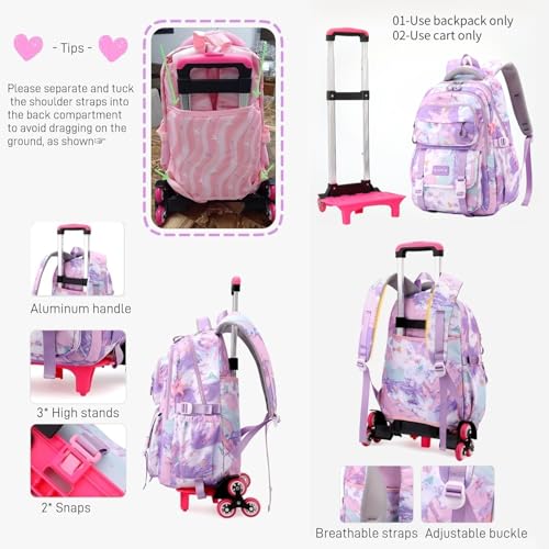 Kids Rolling Backpack for Girls School Backpack with Wheels for Girls Wheeled Bookbags Roller Trolley Bags for Primary Students, 2-Wheel Pink - color: 2 Wheels Pink