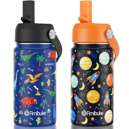 Fimibuke Kids Insulated Water Bottle, 14oz BPA FREE Double Wall Vacuum Tumbler 18/8 Stainless Steel Leak Proof Kids Cups with Straw Metal Water Bottle for School Boy Girl(2 Pack, SPACE/BLUE DINOSAUR) - color: A8. SPACE+BLUE DINOSAUR