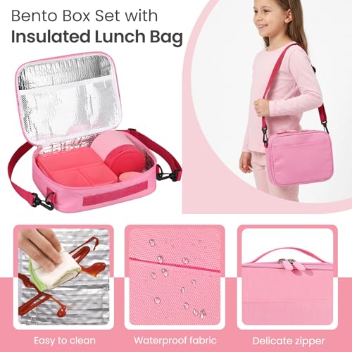 HWONMTE Bento Lunch Snack Boxes Set for Kids Reusable Food Containers with Insulated Lunch Bag, Sauce Box,Removable Dividers for Toddler Girls Boys Teens to School,Travel - color: Pink Set