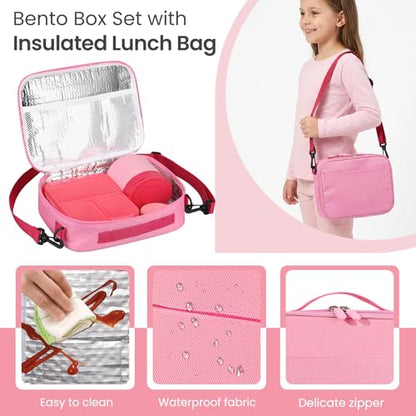 HWONMTE Bento Lunch Snack Boxes Set for Kids Reusable Food Containers with Insulated Lunch Bag, Sauce Box,Removable Dividers for Toddler Girls Boys Teens to School,Travel - color: Pink Set