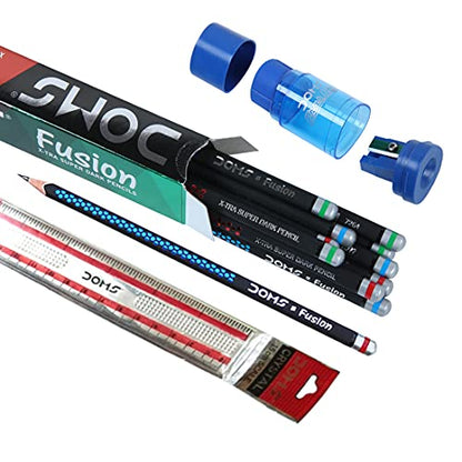 Doms Fusion Xtra Super Dark Pencil Box Pack | Dark & Neat Writing Which Stays Longer | Smooth Sharpning & With Soft & Comfortable Grip | Free Scale & Erasner Inside | Pack of 30 Pencils