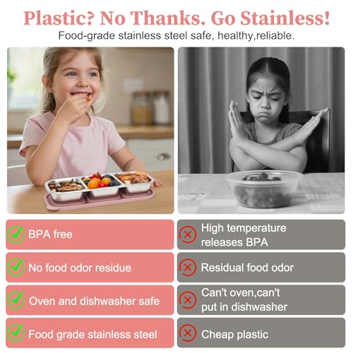 3 Compartment Stainless Steel Snack Containers. | Reusable Snackle Box Container with Leakproof Lids Metal Bento Lunch Boxs Food Storage Containers for Travel Picnics Office - color: 01-PI