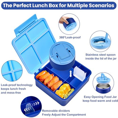 Bento Lunch Box for Kids with 8oz Soup Thermo,Kids Leakproof Lunch Food Containers with 4 Compartment,Kid Insulated Thermo Hot Food Jar for School,Trvael-Blue - color: Blue
