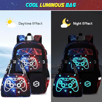Scothen Boys Backpack, Cool Luminous School Backpacks for Boys with Lunch Bag Pencil Case, Kids Backpack Kindergarten Elementary Middle School Book Bags for Teen Boy Children with USB Charging Port - color: Cool Red-blue