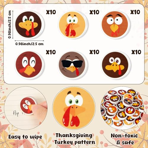 60Pcs Thanksgiving Mini Erasers Bulk Cute Cartoon Turkey Pencil Erasers 3D Assorted Novelty Stationery for Student Classroom Prizes Homework Rewards Autumn Party Goodies Filling Supplies - style: Thanksgiving Turkey