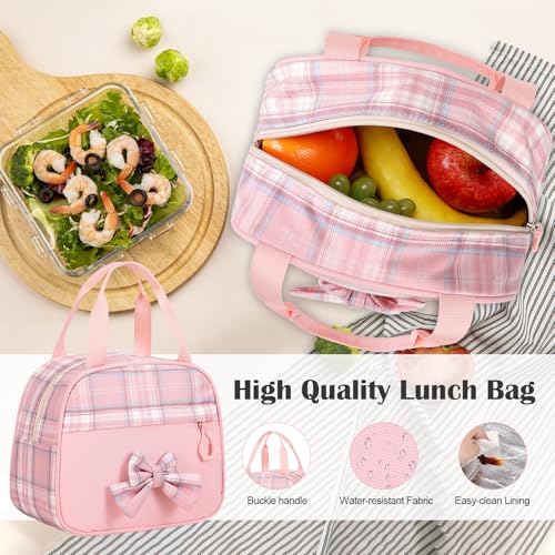 Bevalsa Rolling Backpack for Girls, Roller Backpack with Wheels, Cute Bow Plaid Wheeled School Bookbag Set with Lunch Bag & Pen Case, Suitcases for Kids Teens Elementary Middle Student (Pink) - color: Pink Plaid