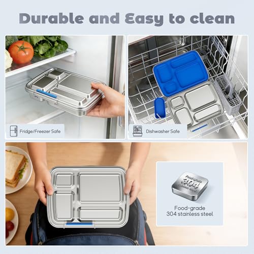 Stainless Steel Bento Box for Kids, Kids Lunch Box with 4-Compartment, Metal Lunch Box with Silicone Container & Sauce Cup, Durable Lunch Box Containers for School and Office (Blue) - color: Blue