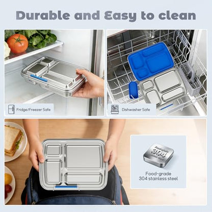 Stainless Steel Bento Box for Kids, Kids Lunch Box with 4-Compartment, Metal Lunch Box with Silicone Container & Sauce Cup, Durable Lunch Box Containers for School and Office (Blue) - color: Blue