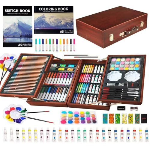 KINSPORY Art Sets, 139 Pack Painting Drawing Art Supplies Kit with 2 Sketch Pads, Deluxe Double Layers Crafts, Colored Pencils, Oil Pastels, Watercolor Paints, Gift for Artists Kids (Brown) - color: Brown