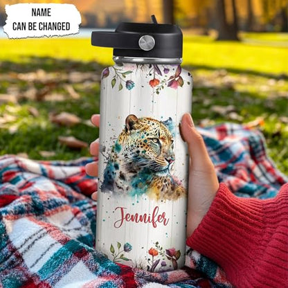 Hyturtle Personalized Leopard Water Bottle - Insulated Stainless Steel Bottle with Leak-Proof Lid 18oz 32oz - Animal Lover Gift for Women, Girls, Leopard Lovers - Birthday & Christmas Gift - color: Leopard