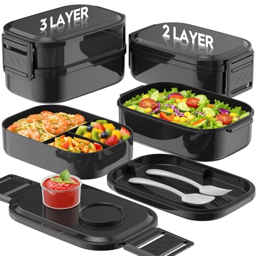 BiuLeon Bento Box Adult Lunch Box, 65 Oz Capacity Lunch Containers(Adjustable 2/3 Tier), BPA-Free, Leak-Proof and Stackable Bento Lunch Box, Microwave & Dishwasher Safe with Utensils(Black) - color: Black