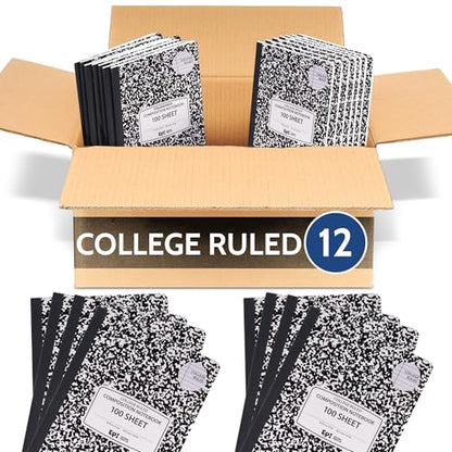 12 Pack - EPI College Ruled Composition Notebook Black - 200 Pages (100 Sheets), 9-3/4 x 7-½ - Classroom Back to School Supplies, Heavy Duty, Durable Hardcover Office Notebooks, Sewn - size: Pack of 12, style: College Ruled
