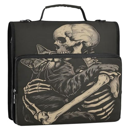 3 Ring Zipper Binder with Shoulder Strap Black Skulls Cats Gothic Style Binder Bag - color: Multicolored 06