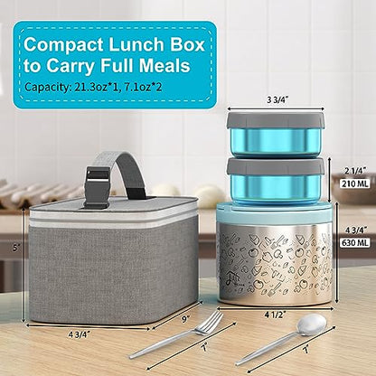 Lille Home Portable Insulated Lunch Box Set with Stainless Steel Cutlery, vacuum lunch box, to Keep Food Warm or Cool, Two Containers for Fruits and Sauces, Durable and Leak-Proof(Blue) - color: Blue