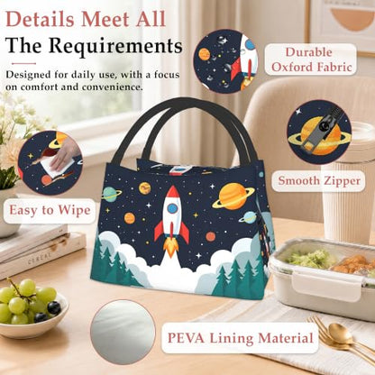 Cartoon Rocket Reusable Lunch Bag,Space Planets Insulated Small Lunch Box for Kids Adult Women,Leakproof Cooler Tote Bags for Student Teacher Work Camping Picnic School - color: Cartoon Rocket
