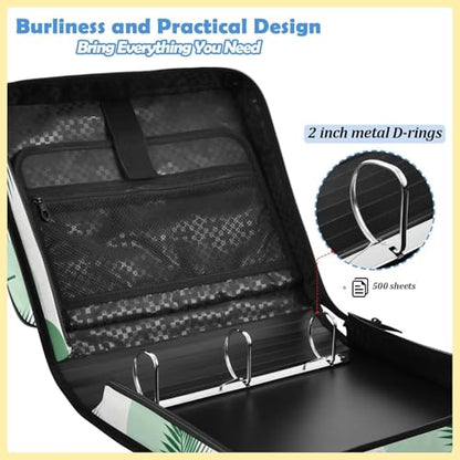 Boho Palm Leaves Zipper Binder with 2 Inch D-Rings Expandable File Portfolio with Shoulder Strap, Waterproof Nylon Organizer for 14" Laptop for Work College Travel