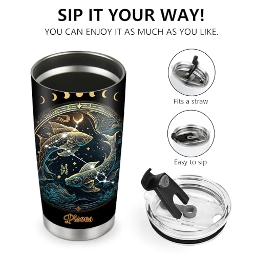 Horoscope Pisces Insulated Tumblers Travel Mug Cup Gifts for Birthday Boys Girls Men Women Son Daughter Travel Essentials Accessories Must Have Cold Iced 20oz - color: Pisces-650