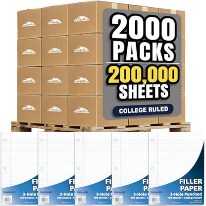 Trail Maker (2,000 Pack) Bulk Pallet Loose Leaf Paper College Ruled, 8 x 10-1/2 Inch College Ruled Paper, 3 Hole Punch, Filler Notebook Paper for 3 Ring Binders, (200,000 sheets total) - size: 2,000 pack (1/2 Pallet: 200,000 Sheets)