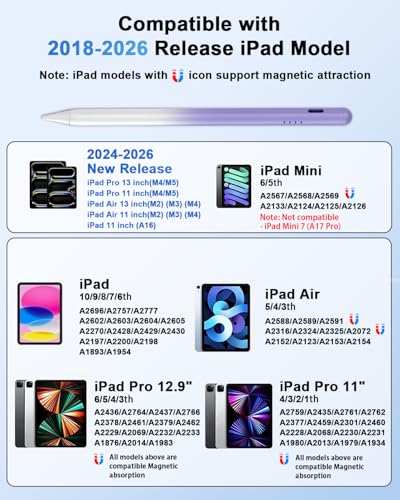 Stylus Pen for iPad (2018-2026) - Fast Charge for iPad Pencil Palm Rejection Active Pen Compatible withApple iPad 6/7/8/9/10/11(A16), Pro 11"/12.9"/M4, Mini 5/6, Air 3/4/5/M2/M3 (Gradient Purple) - color: A19D-Gradient Purple