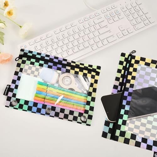 Rainbow Buffalo Plaid Binder Pouches 3 Ring for Boys Girls School Office College Supplies Black Chessboard Blue Yellow Aqua Pencil Pouches Case Bag with Clear Window and Zipper 2 Pack - color: Darkviolet