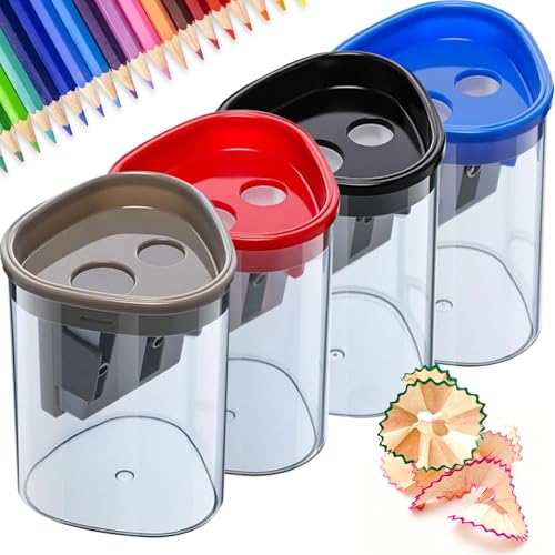 Pencil Sharpener Manual 4 Pack, Dual Hole Handheld Sharpener for 8mm &12 mm Pencils, Colored Pencil Sharpener with Shavings Container, Portable for Kids, Artists, School Office