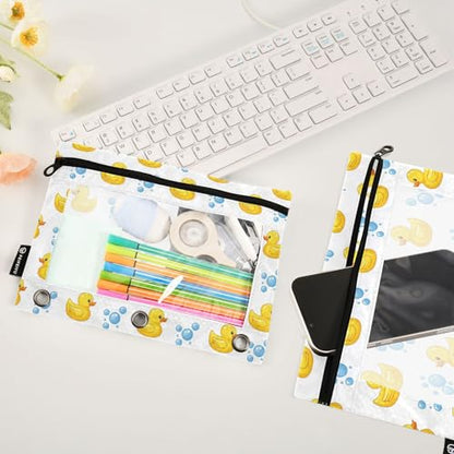 Yellow Duck White Pencil Pouch for 3 Ring Binder 2 Pcs Binder Pouches with Zipper Pocket Pencil Case Bag with Clear Window for Office Work School Supplies - color: Yellow Duck White