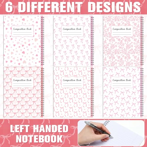 AmazingSpark 6 Pack Lefty Preppy Notebook Cute Bow Coquette Journal 7" x 9" College Wide Ruled 110 Pages Left Handed Aesthetic School Supplies Gifts for Teens Girls Women(Spiral,Pink Bow) - color: Pink Bow, style: Spiral
