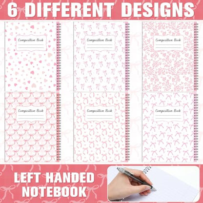 AmazingSpark 6 Pack Lefty Preppy Notebook Cute Bow Coquette Journal 7" x 9" College Wide Ruled 110 Pages Left Handed Aesthetic School Supplies Gifts for Teens Girls Women(Spiral,Pink Bow) - color: Pink Bow, style: Spiral