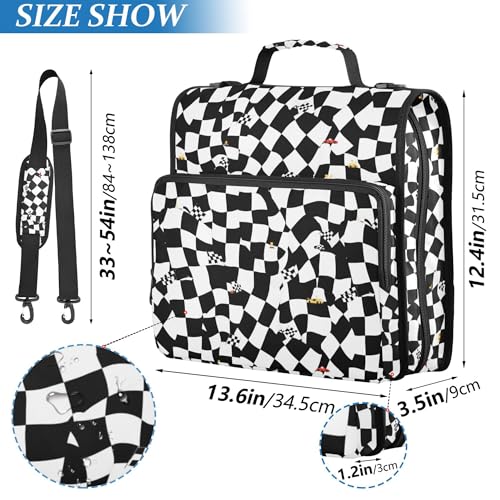 Racing Event Checkered Flag Black Zipper Binder Organizer with Handle Multi-Pocket 1.5 Inch 3 Rings Portfolio Binder Bag Home Travel Cards Storage Container - color: Racing Event Checkered Flag Black