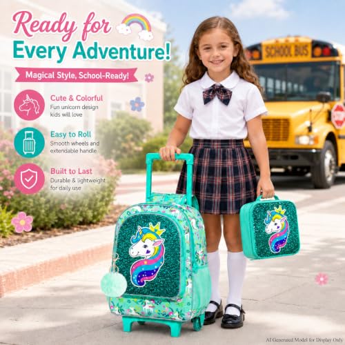 gxtvo Rolling Backpack for Girls, Kids Roller Wheels Bookbag - Roller Elementary Sequin School Bag - 3PCS Unicorn Green