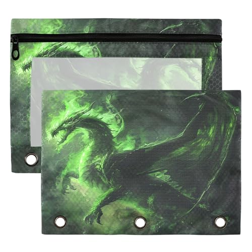 Demon Dragon Binder Pouches 3 Ring for Boys Girls School Office College Supplies Green Fire Dinosaur Pencil Pouches Case Bag with Clear Window and Zipper 2 Pack - color: Dinosaur