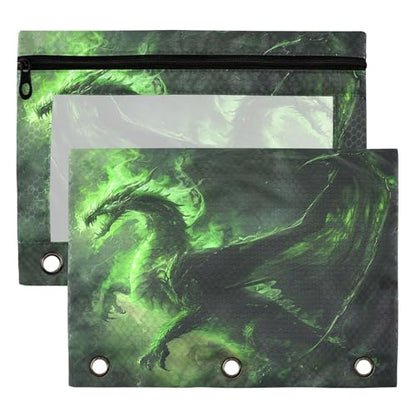 Demon Dragon Binder Pouches 3 Ring for Boys Girls School Office College Supplies Green Fire Dinosaur Pencil Pouches Case Bag with Clear Window and Zipper 2 Pack - color: Dinosaur