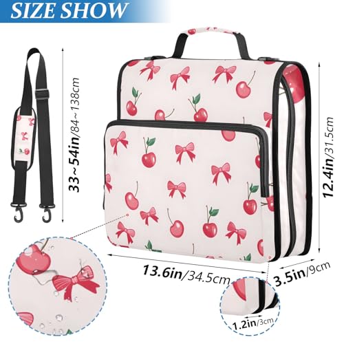 Cherry Bow Pattern 3 Ring Zipper Binder Bag Binder Organizer with Handle Shoulder Strap for School Work Office Supplies - color: Cherry Bow Pattern