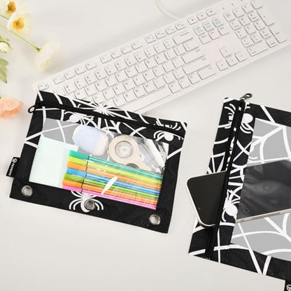 2 Pack 3 Ring Binder Pencil Pouch Spider Web Pencil Case Pencil Bags with Zipper, Clear PVC Binder Pockets for Office Daily Supplies - color: Color 9