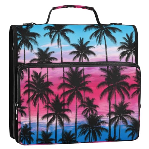 Zipper 3 Ring Binder Bag Palm Trees Sky Tropical Expanding File Portfolio Storage Organizer 2-Inch, 500 Sheets Multi-Pocket Shoulder Strap for School Office Kids Adults - color: Pink Blue Palm Trees