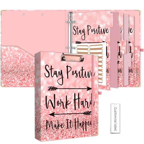 Lateefah 3 Ring Binder, 1 Inch Round Ring Binder with 5 Tab Dividers, Cute Clipboard Binders with 2 Pockets, Decorative Three Ring Binder for Women, School and Office Supplies - color: Pink Stay Positive, size: 1'' Ring(Letter Size)