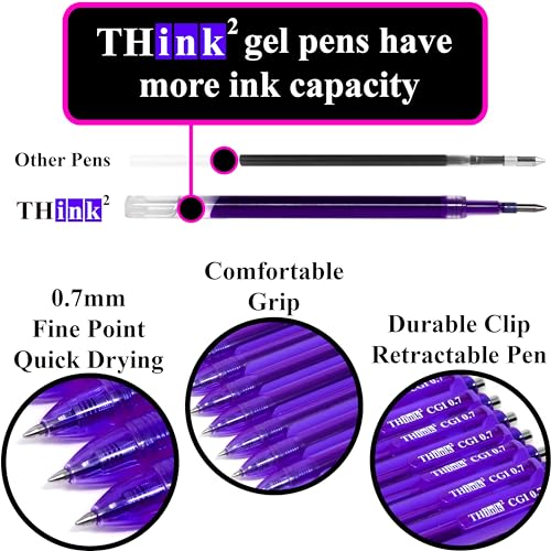 [24 Pens - Purple Ink] Think2 0.7mm CGI Retractable Gel Pens. (24 Purple) Medium Point Rollerball Pens with Smooth Quick Drying Ink. - color: Purple