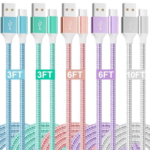 HKYUSHINE USB to USB C Cable, 5 Pack(3/3/6/6/10FT) 3.1A Colored Nylon Braided Type c Charger Fast Charging Android Phones for iPhone16/15,Samsung Galaxy S24 S23 S22, Google Pixel, LG, Moto G, Gray - color: Multicolored-1
