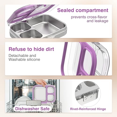 HOMEKOL Stainless Steel Bento Lunch Box, Purple, 3.3Cups | 3-Compartment,Leak-Proof, for Kids & Adults, BPA-Free, Dishwasher Safe, Clear Tritan Lid, 800ml (Not Insulated) - color: Purple, size: 27oz (800ml)