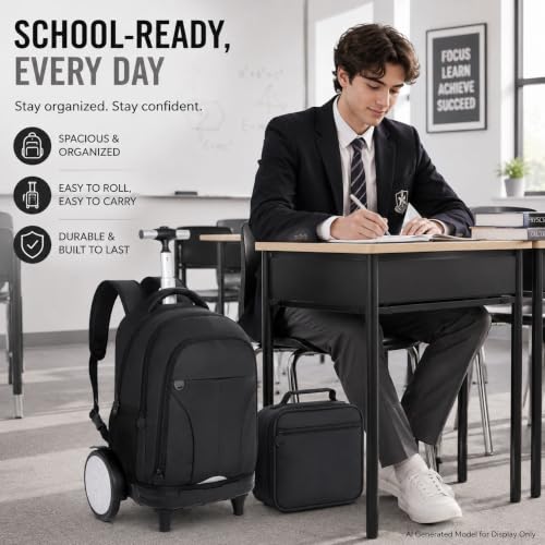 gxtvo Large Wheels & Quiet Glide | Rolling Backpack for Men & Women - Water-Resistant Wheeled Bag with Lunch Box for Office, Travel & College - Black - color: Rolling Backpack Reflective Black