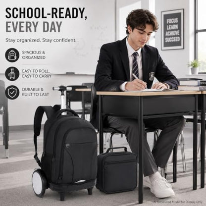 gxtvo Large Wheels & Quiet Glide | Rolling Backpack for Men & Women - Water-Resistant Wheeled Bag with Lunch Box for Office, Travel & College - Black - color: Rolling Backpack Reflective Black