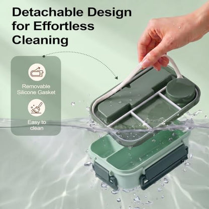 Bento Box Adult Lunch Box, Lunch Containers for Adults 44.5 Oz/5 Cup, Green | BPA-Free, Lid-Top Sauce Tray, Leak-Proof, 1300mL, Removable Silicone Sealing Ring, Lid-Top Utensil Slot with Included Cutlery - color: Green