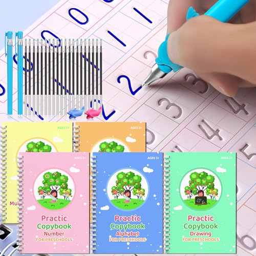 WANFRES Magic grooved Writing Practice Books Great for Beginners, 5 Books, 2 pens, 2 Pencil Grips, 20 Refills. grooved Handwriting Practice for Kids 3-10, Reusable grooved Handwriting workbooks. - color: 5 books with pen
