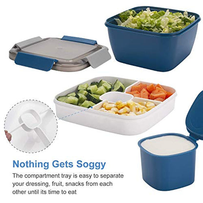 Freshmage Salad Lunch Containers To Go, 52 oz Bowls with 3 Compartments, Dressings Container for Toppings, Men, Women (Blue+Blue) - color: Blue+Blue