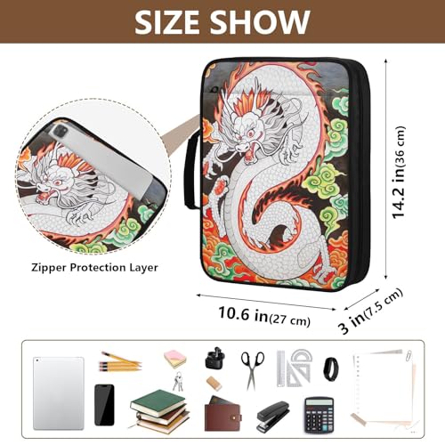 3-Hole Ring Binder Bag with 7-Pocket Accordion Index White Dragon Document Case with Elastic Pen Loops Organizer
