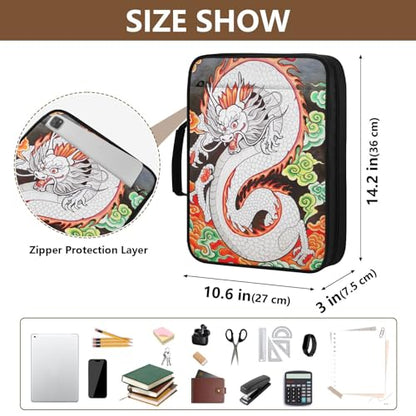 3-Hole Ring Binder Bag with 7-Pocket Accordion Index White Dragon Document Case with Elastic Pen Loops Organizer