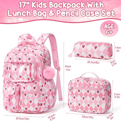 Fimibuke Kids Backpack for School Girls, 3Pcs Waterproof Girls Backpack with Lunch Box & Pencil Pouch - Lightweight Bookbag for Elementary Middle School Student Teens Ages 6+ Pink Strawberry - color: B2.pink Strawberry Plaid
