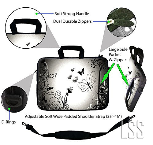 LSS 13.3 inch Laptop Sleeve Bag Notebook with Extra Side Pocket, Soft Carrying Handle & Removable Shoulder Strap for 12" 12.1" 13" 13.3" Apple MacBook Air, GW, Acer, Aspire Asus, Dell, HP, Sony, - color: Dark Contrast Fade Butterfly, size: 13 in – 13.3 in