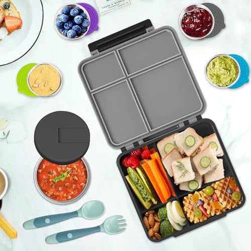 Aimsnk Kids Lunch Box with Thermo Insulated Lunch Bag for School, Black | Kids Bento Lunch Box with 8oz Food Jar, Leak Proof Hot Soup Lunch Containers with 4 Compartment, Warm Lunchbox for Toddler - color: Black